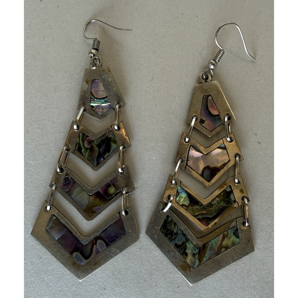 VTG‎ Mexico Silver Stamped Abalone Shell Inlay 3.5" Long Earrings Chevron 4 Tier